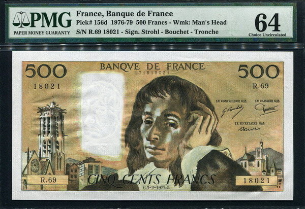 프랑스 France 1977, 500 Francs, P156d, PMG 64 UNC 미사용 귀한년도